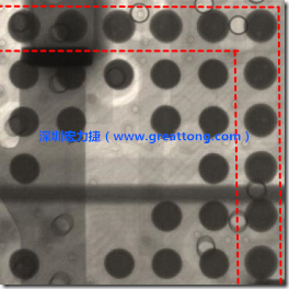 BGA錫球尺寸小于0.4mm，采用降低BGA內(nèi)圍襲球的錫膏量所得到X-Ray，稍微留意一下可以發(fā)現(xiàn)最外圈的錫量(圓的直徑)比其他內(nèi)圍的錫球上的錫量來得多一點點。也就是外圈的黑色圓形直徑比內(nèi)圈的圓形來得大一點點。