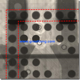 BGA錫球尺寸小于0.4mm，采用降低BGA內(nèi)圍襲球的錫膏量所得到X-Ray，稍微留意一下可以發(fā)現(xiàn)最外圈的錫量(圓的直徑)比其他內(nèi)圍的錫球上的錫量來得多一點點。也就是外圈的黑色圓形直徑比內(nèi)圈的圓形來得大一點點。