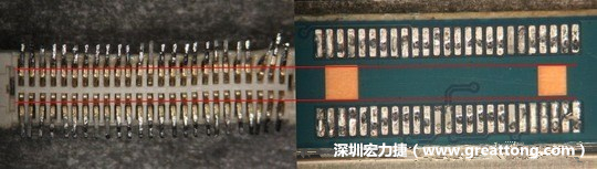 把板對板連接器與其電路板的佈線焊墊作一個比較，端子的切斷面有毛邊的地方剛好對到了裸銅區(qū)。