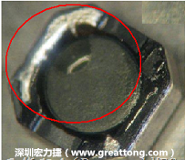 使用錫(Sn)鍍層的電源電感器(Power Inductors)，經(jīng)過推力測試后，其焊點還保留在零件的端點上，所以推力比較高。