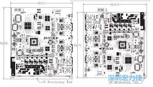 如圖7所示是使用不同數(shù)量邊條的拼板，拼板1僅使用了一個邊條，直接利用PCB另一邊作為SMT工藝傳送邊，并且PCB圖形中有合適的安裝孔；而拼板2則是按常規(guī)設計了兩個邊條。拼板方式為連接筋。圖中“Breakaway Tab”指邊條-深圳宏力捷