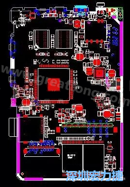上圖是一個(gè)開發(fā)板的PCB，從布局中可以看出各個(gè)接口電路分離很明確，SDRAM和DDR以及SD卡接口電路等走線不會(huì)造成相互的干擾。-深圳宏力捷