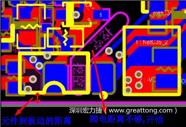如果碰到模塊PCB空間有限，爬電距離不夠，可以采用開槽的方式
