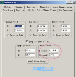  改銅皮的填充網(wǎng)格Global→Design Units，填充方向Drafting→Direction；Hatch Grid中Copper此數(shù)值為大銅箔中所填充的線條中心到中心的距離。