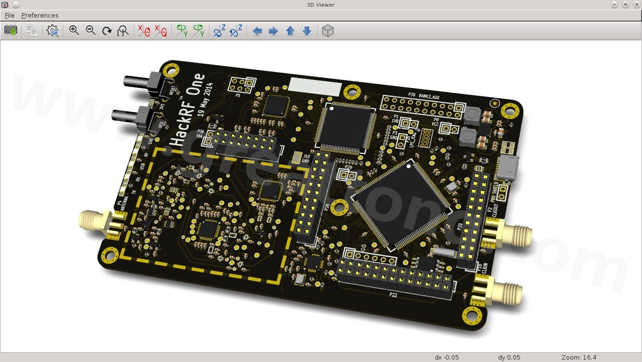 經(jīng)KiCad軟體3D功能渲染過的HackRF One電路板。