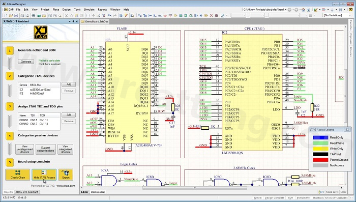 XJTAG DFT Assistant的Access Viewer模式可以清楚地顯示可用的測試存取層級，讓電路板設計人員在展開PCB布局以前的原理圖擷取階段盡可能地提高測試存取能力
