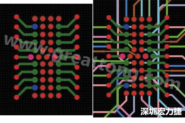 圖7：焊盤內過孔用于內部，而外部接腳在0.5mm閘格上扇出。圖7a顯示的是頂層(左)；圖7b顯示頂層和內部布線層(右)。