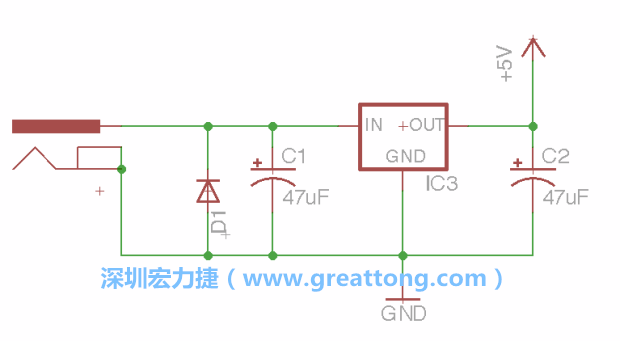 新增RBBB→Power_Jack，將它放在電壓調(diào)整器的輸入端旁邊。
