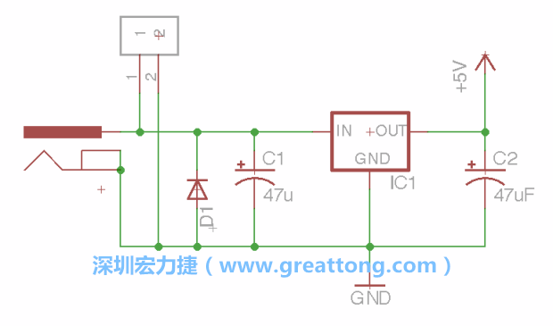 2.5.    新增一個(gè)二極體，它會(huì)以水平的狀態(tài)出現(xiàn)在屏幕上，請(qǐng)使用「旋轉(zhuǎn)（Rotate）」工具把它負(fù)極那一面朝上，并且用「網(wǎng)絡(luò)連接」工具將它連接在電壓調(diào)整器的輸入端和接地端之間。