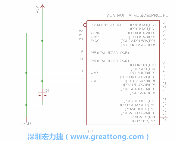 3.1.    新增微控制器晶片（RBBB → ATmega），把它放在電路原理圖的中央附近，把它的兩個(gè)接地接頭連接到接地訊號端。