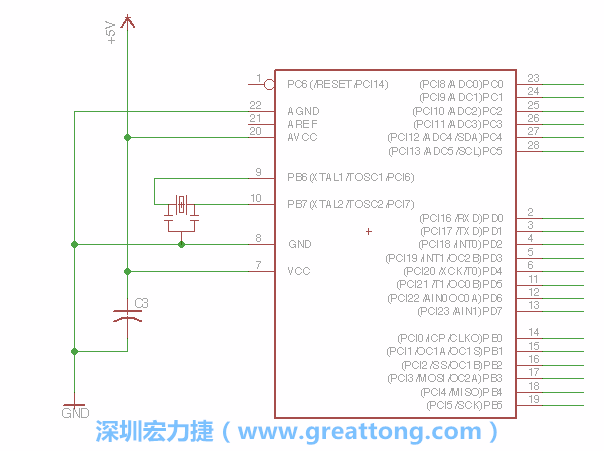 3.2.    在靠近ATmega的電源供應(yīng)針腳7的位置放置一個(gè)0.1μF的電容，將它分別連接電源、接地端和針腳7。