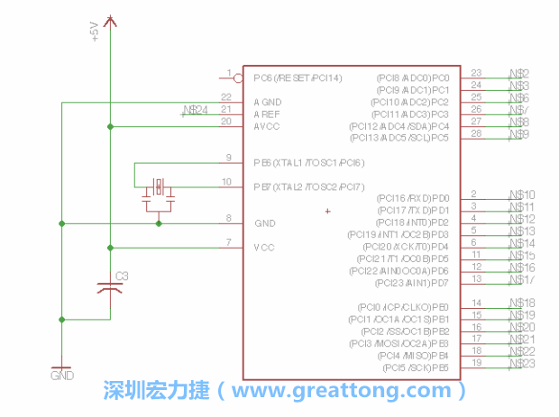 3.3.    將共鳴器（resonator）放置在針腳9和針腳10附近，將它的三個(gè)針腳連接如圖所示，并確認(rèn)最中間的針腳有連到接地端。