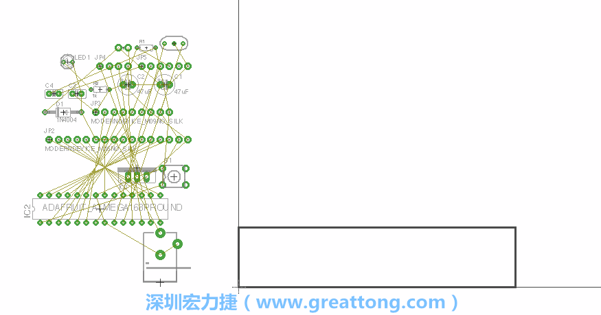 第一次執(zhí)行布線編輯器時(shí)，你會(huì)發(fā)現(xiàn)有兩個(gè)區(qū)塊，左邊的區(qū)塊非?；靵y，而右邊的區(qū)塊則是一個(gè)長(zhǎng)方形的工作區(qū)域，EAGLE免費(fèi)版會(huì)限制你的工作區(qū)域在4” x 3.2”的范圍內(nèi)，如果你試圖將元件擺放在工作區(qū)外的話，就會(huì)跳出警示訊息。