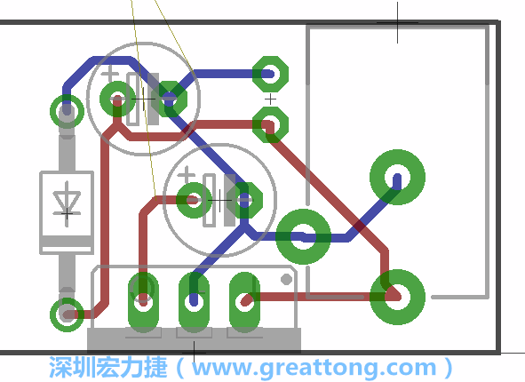 接地連結(jié)點(diǎn)的布線情形如下圖所示，利用這個(gè)練習(xí)來避免電路連線銳角化的產(chǎn)生是一個(gè)不錯(cuò)的選擇，你可以在工具列中的彎曲線路（Wire Bend）選項(xiàng)里改變各種布線的變化。