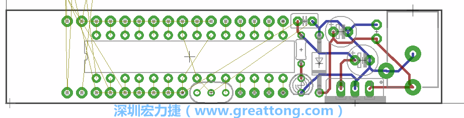 將ATmega微控制器、三個(gè)GPIO排針（JP2, JP3, JP4）和諧振器（resonator）排置如上圖所示。