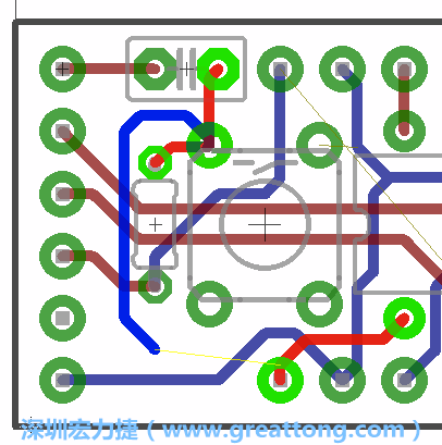 要在電路板正面進(jìn)行+5V信號(hào)線連結(jié)和其他連結(jié)點(diǎn)的布線工作是非常容易的，而重置信號(hào)線（信號(hào)線用來連結(jié)電路板正面左邊的重置開關(guān)）需要經(jīng)過一個(gè)可以通過電路板正反兩面的電路通道，這個(gè)通道是一個(gè)可以讓電路板正反兩面線路連接的一個(gè)小孔。