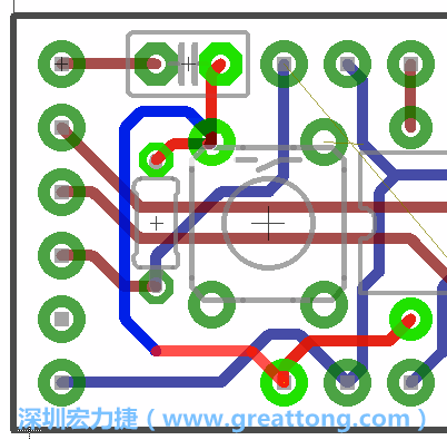 為了要?jiǎng)?chuàng)造一個(gè)電路通道，首先要先點(diǎn)擊重置開關(guān)的連結(jié)點(diǎn)進(jìn)行布線，在電路板的背面繪制線路直到其它線路前的乾淨(jìng)區(qū)域。