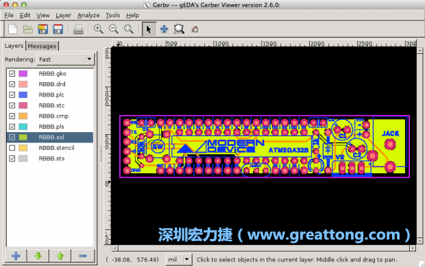 將圖層匯入你的Gerber預(yù)覽工具內(nèi)（下圖為Gerbv），我通常會從上到下重新排列它們的順序，好讓我比較好校對：
