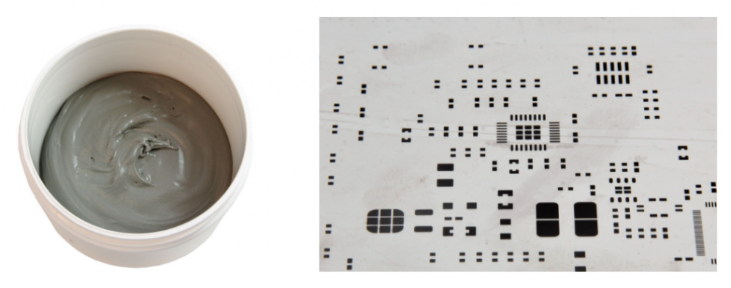 焊膏（左），PCB模板激光切割孔（右）